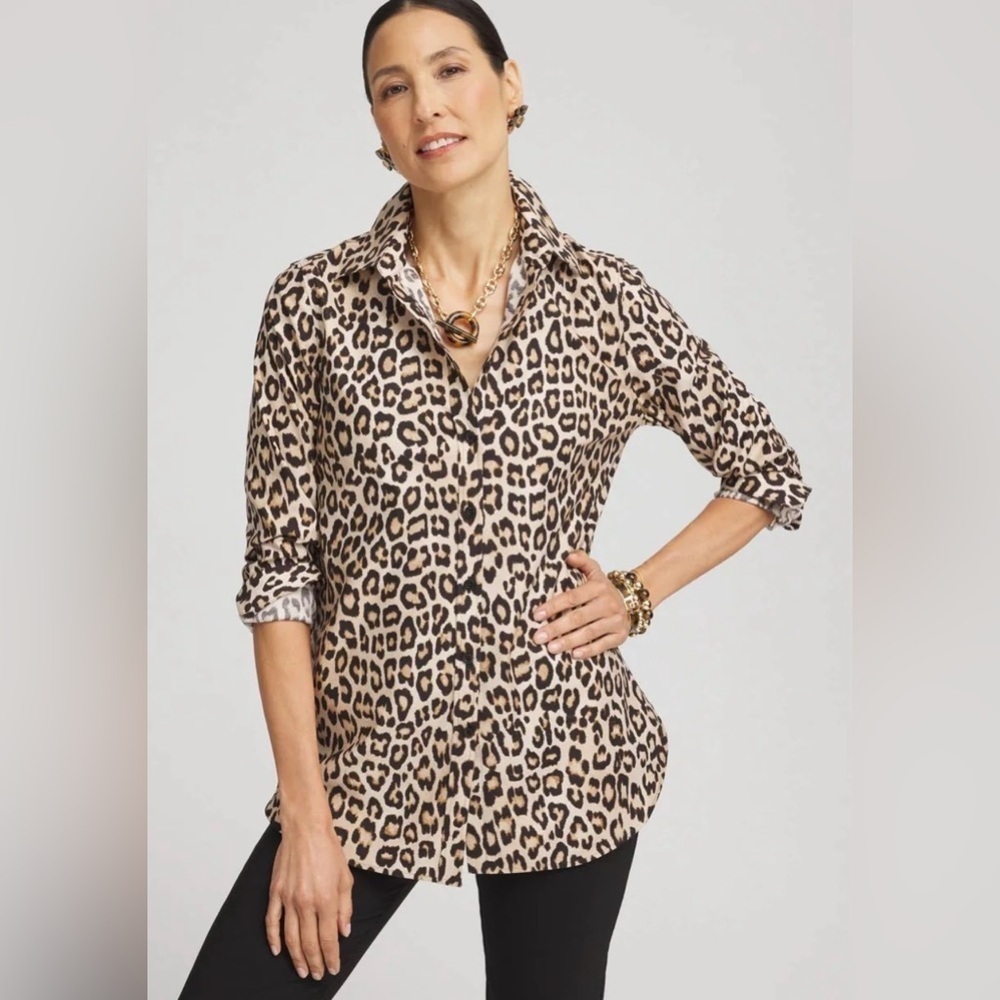 Chico's Blouse Top Size 1(M) Animal/Leopard Print Button-Down Long sleeve Cotton
